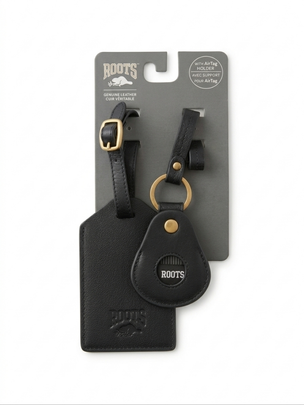 Roots Leather Travel Set: Luggage Tag + AirTag Keychain Black NWT